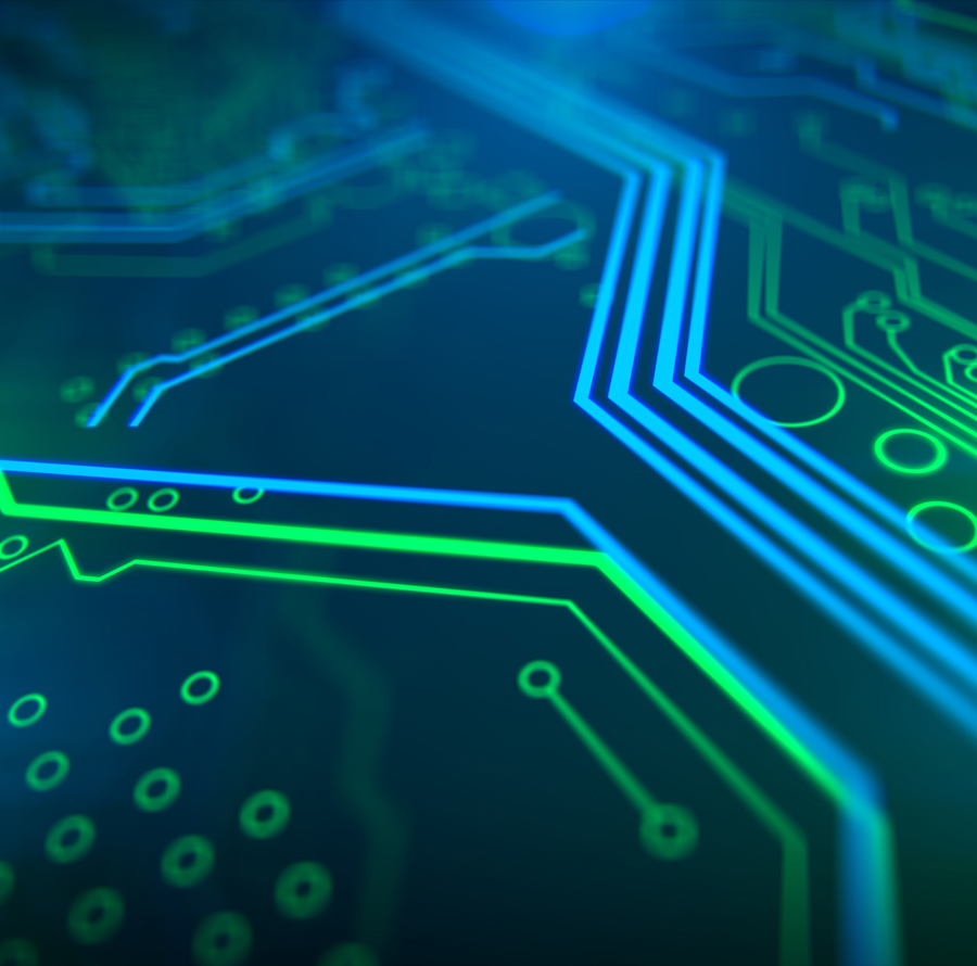 Abstrakt nærbillede af et grønt og blåt kredsløbskort.