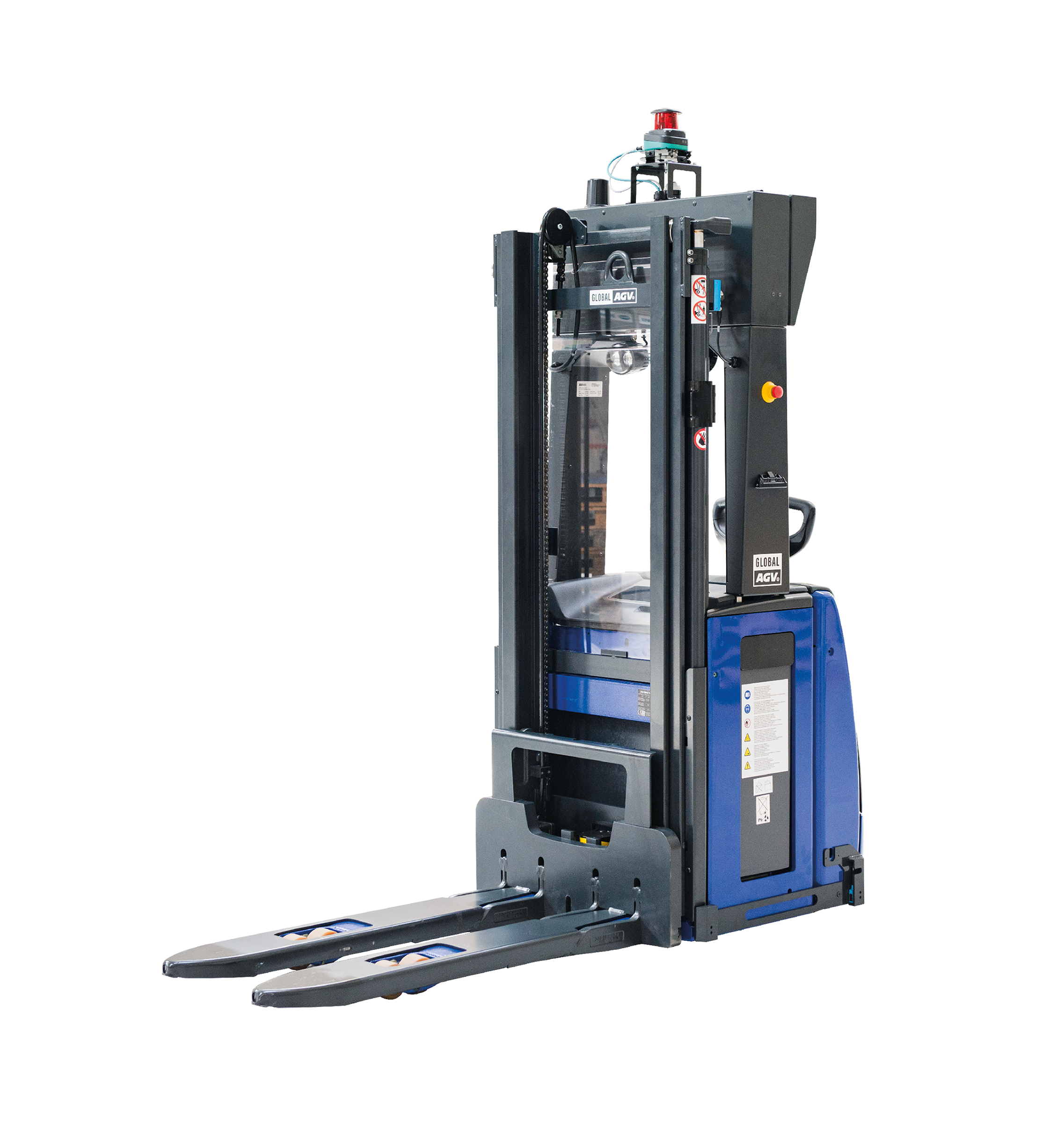 Automated Guided Vehicle (AGV) truck fra Global AGV med løftemast og gafler til automatiseret palletransport og intern logistik